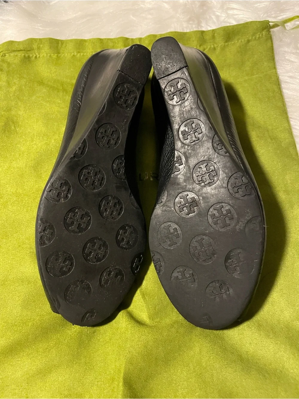 Tory Burch Black Pebbled Very soft Leather Logo Peep-Toe wedge pumps